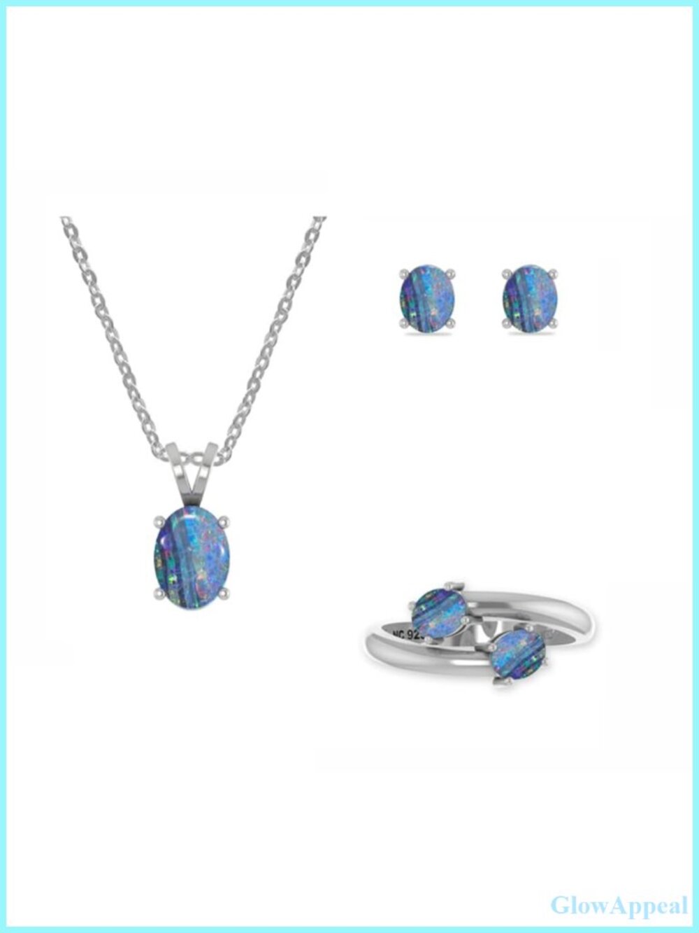 Opal Sterling Silver Jewelry Set Necklace Ring Earrings Oval Cabochon